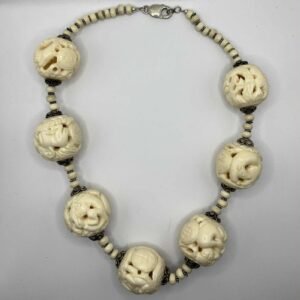 Vintage Hand-Carved Chinese Zodiac Bone Necklace with Sterling Silver Accents (A100)