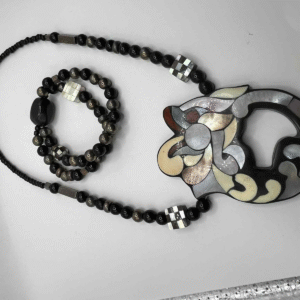 Moonlight Bloom – Black Horn & Sterling Silver Mother-of-Pearl Necklace (A102)
