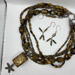 Tiger’s Eye Cascade — Multi-Strand Necklace & Earrings with Bali-Style Sterling & Carved Bone Focal (A107)