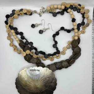 Scalloped Mother-of-Pearl Statement Necklace Set — Coconut & Tagua Beads, Boho Beach Multi-Strand + Earrings (A108)