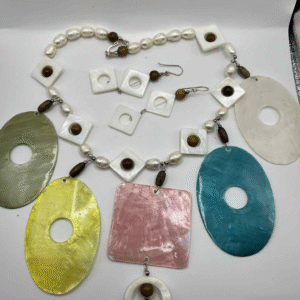 Boho Resort Statement Necklace – Dyed Capiz Shell, Mother-of-Pearl, Freshwater Pearls & Wood Accents – (A109)