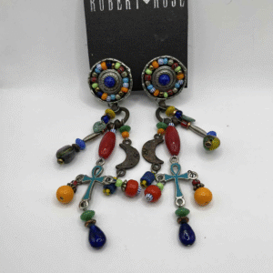 Vintage Robert Rose Ankh & Moon Chandelier Clip-On Earrings – Multicolor Lampwork Glass Beads (A200)