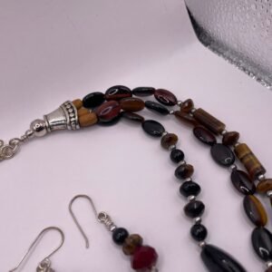 Triple-Strand Tiger’s Eye & Onyx Statement Necklace w/ Bali-Style Silver Cones + Coordinating Earrings (A202)