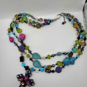 Boho Multi-Strand Beaded Cross Necklace – Colorful Artisan Statement Jewelry (A205)