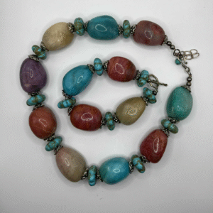 2 Piece Bold Multi-Gemstone Statement Necklace Bracelet Set – Chunky Dyed Quartz & Turquoise Style Beads (A207)