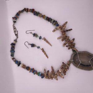 Bohemian Spiral Shell & Gemstone Chip Necklace Set with Agate Slice Pendant (A208)
