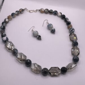 Dragon Vein Agate & Crystal Necklace Set  + Matching Earrings (A209)