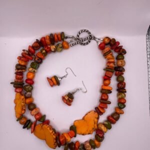 Bold Southwestern Statement Necklace & Earrings Set – Chunky Orange Jasper & Magnesite Beads (A210)