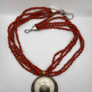 Tibetan Red Coral Bead Necklace with Bone & Turquoise Inlay Pendant – Multi-Strand Tribal Jewelry (A300)