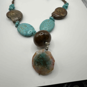 Ammonite Fossil & Turquoise Statement Necklace with Agate Pendant – Artisan Boho Jewelry (A303)