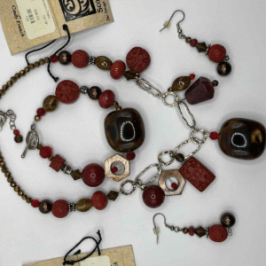Scoopla by Cindy French Red & Brown Artisan Necklace, Bracelet & Earrings Set (A305)