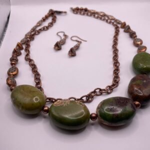 Artisan Green Jasper & Copper Statement Necklace Set – Boho Mixed Metal Jewelry with Earrings (A306)