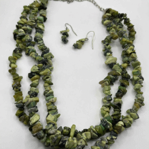 Triple-Strand Green Jasper/Serpentine Chip Necklace with Matching Earrings – Natural Stone Jewelry Set A308