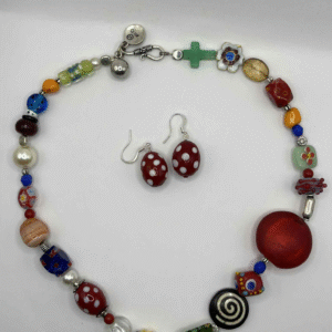 Eclectic Artisan Lampwork Glass Bead Necklace & Earrings Set – Sterling Silver Clasp (A309)
