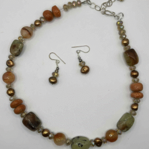 Natural Prehnite & Coral Necklace Set with Brown Pearls and Crystal Beads – Handmade Jewelry (A310)