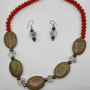 Bold Boho Necklace & Earring Set – Red Faceted Beads, Wood-Grain Ovals & Crystal Accents (A402)