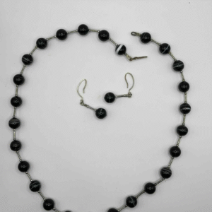 Vintage Black Banded Onyx Bead Necklace & Earrings Set – Classic Natural Stone Jewelry