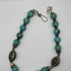 Turquoise Beaded Necklace with Tibetan Silver & Coral Inlay Accents