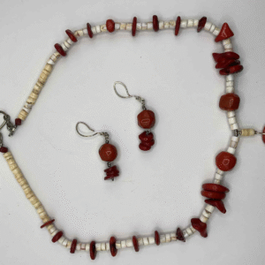 Vintage Red Coral & White Heishi Bead Necklace Set with Earrings (A408)