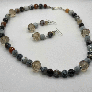 Faceted Crackle Agate & Smoky Quartz Beaded Necklace Set with Earrings  (A409)