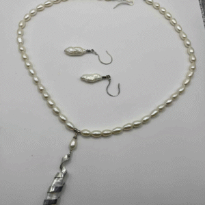 Artisan Freshwater Pearl Necklace & Earrings Set with Silver Spiral Baroque Pendant (A410)